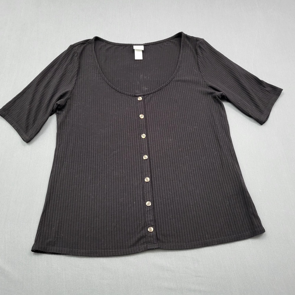 HM Womens Black‎ Ribbed Knit Scoop Neck Button Front Top Large 0832359